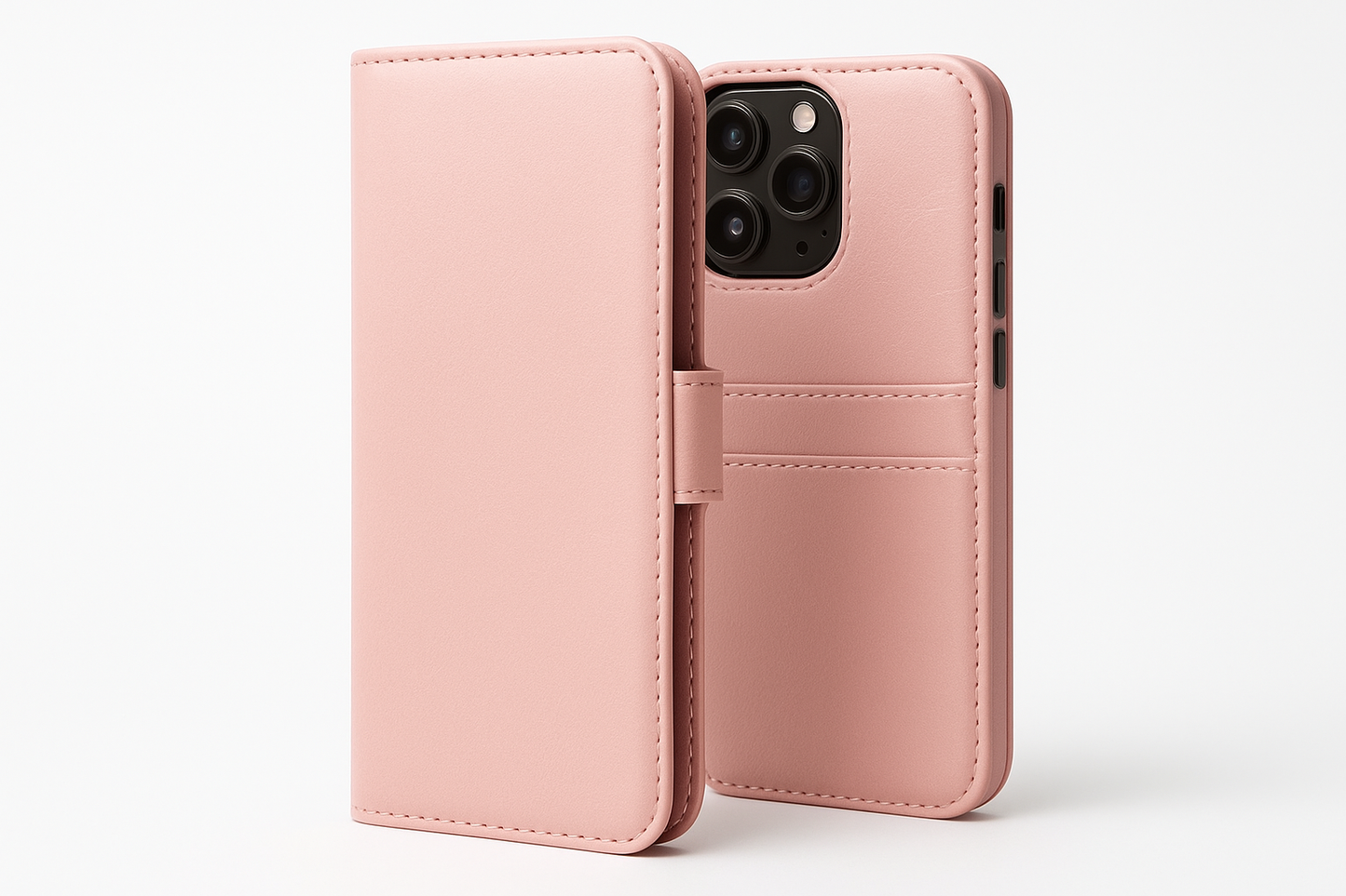 create a pictuer of iphone book case in leather material in baby pink color