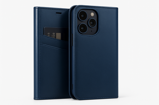 create a pictuer of iphone book case in leather material in blue color