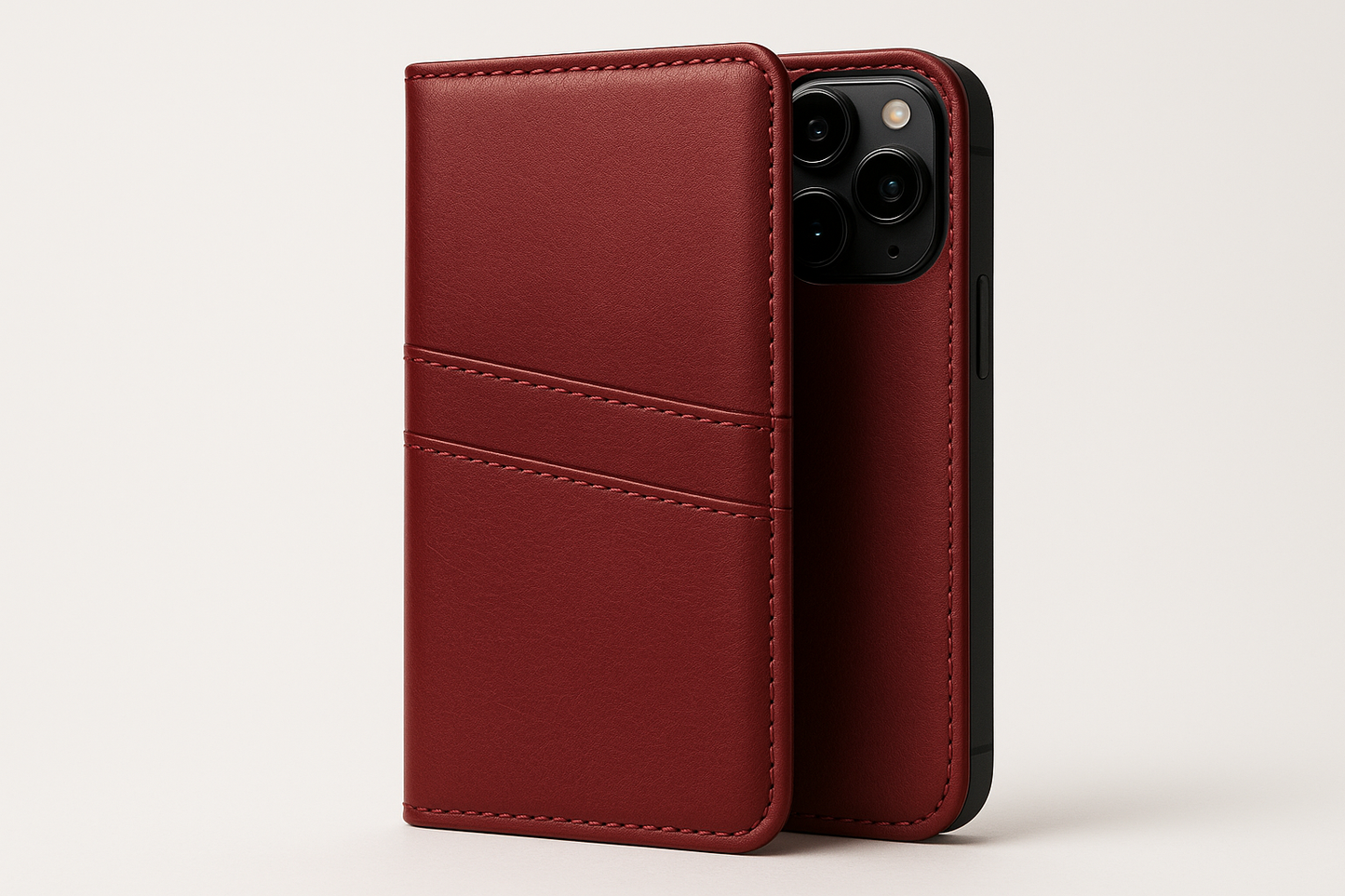 create a pictuer of iphone book case in leather material in red color