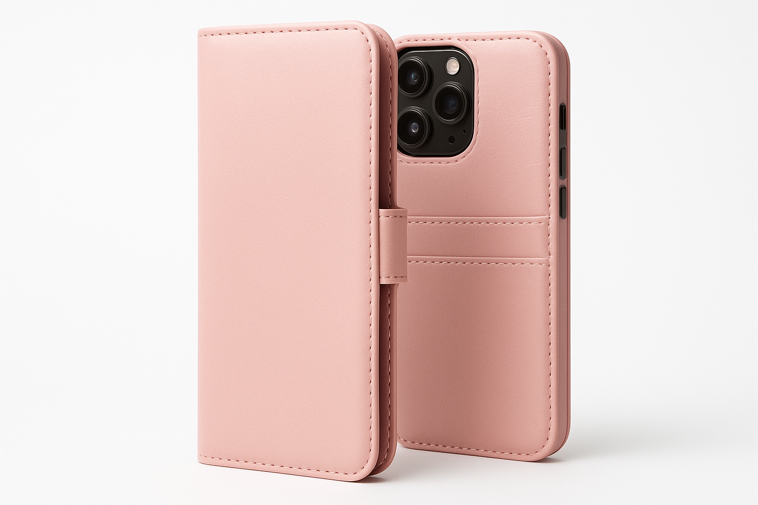 create a pictuer of iphone book case in leather material in baby pink color