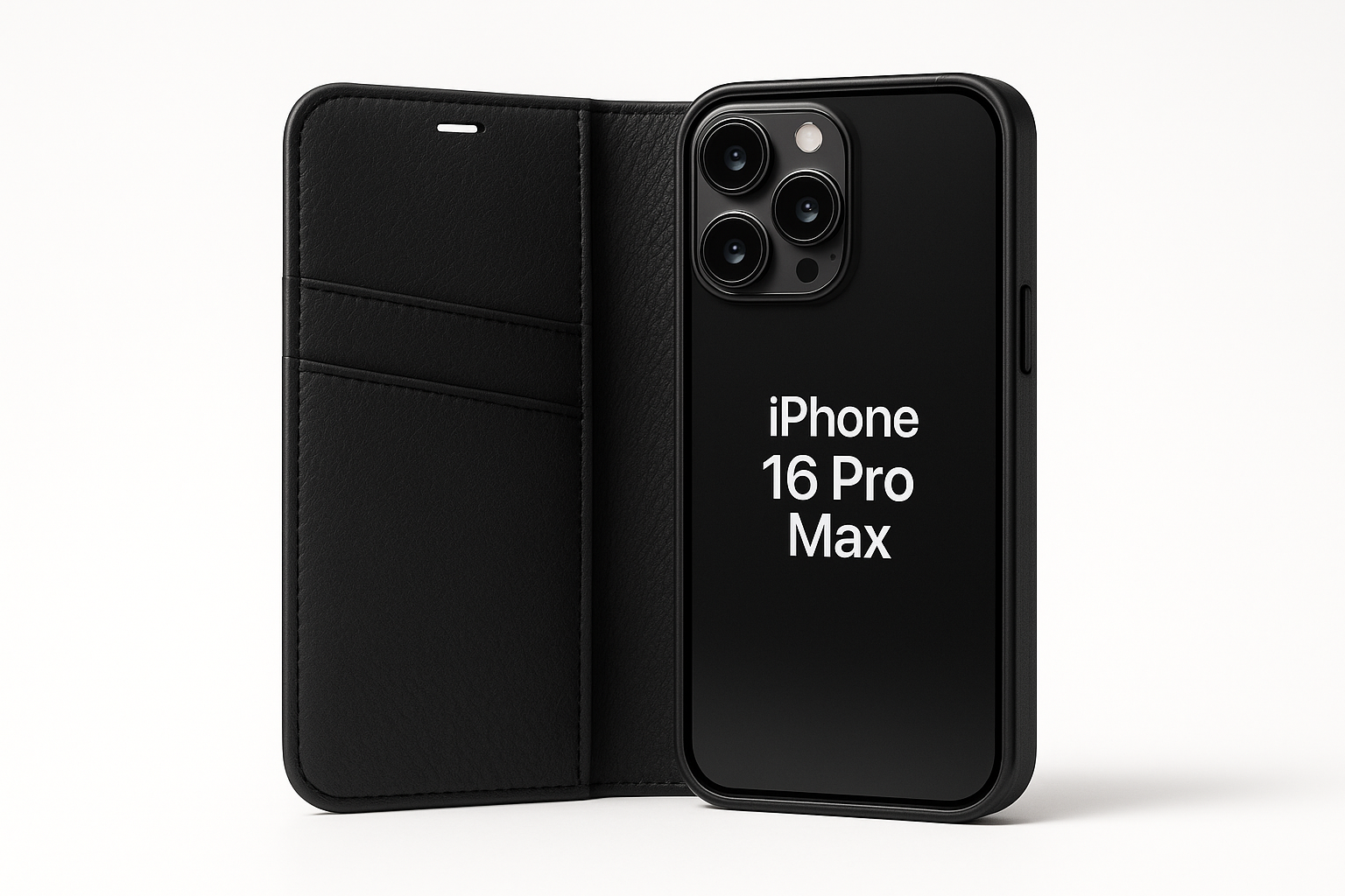 create a picture of iphone 16 pm leather book case in four colors black blue pink rosegold each color seperate picture