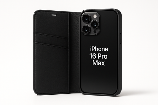 create a picture of iphone 16 pm leather book case in four colors black blue pink rosegold each color seperate picture